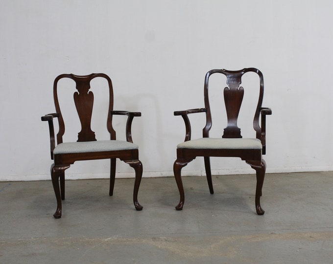 Pair of Reproduction Queen Anne Solid Mahogany Arm Dining Chairs