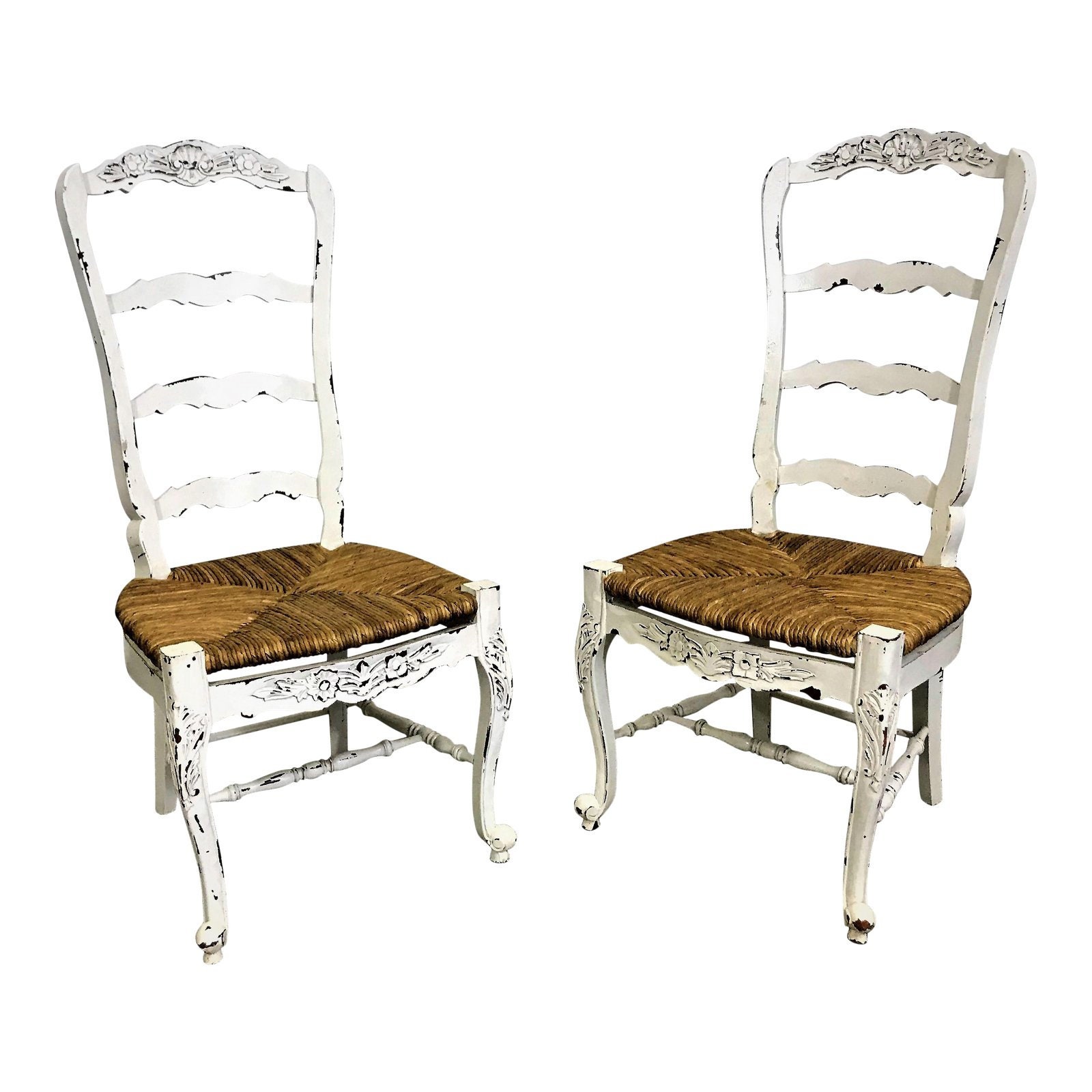 French Country Ladderback Dining Chairs White Carved 4Rung Rush Seat