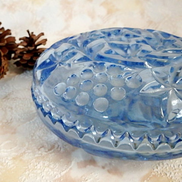 Soviet depression glass. Vintage blue glass bowls / round box, grapes and grape vines leaves pressed pattern. From Russian USSR era 1970's