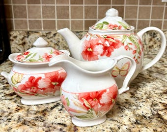 RARE Discontinued Collectible 222 Fifth Lyanna Red Floral Pattern Teapot Tea Set Creamer Sugar | Butterflies | Porcelain