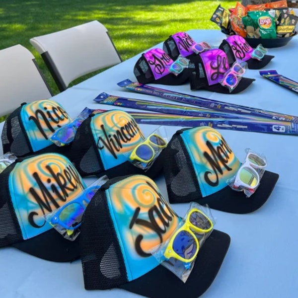 20 Airbrush HATS | Personalized Birthday Party Favors | 80s 90s Theme  | Kids Teen Adult | Hip Hop | Trucker hats | graffiti | skate glow