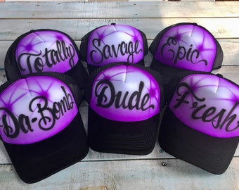 Recuerdos de fiesta personalizados con aerógrafo / 28 sombreros / Niños adolescentes adultos / Sombreros de camionero con aerógrafo / Tema de fiesta de hip hop / Skate Glow Cheer de los años 80 y 90