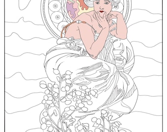 Mucha woman coloring art print vintage printable