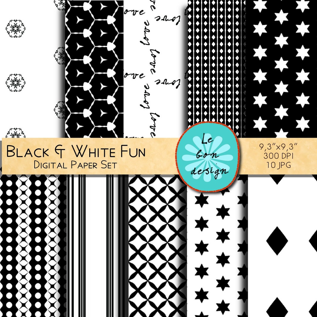 Digital Paper Black White Seamless Patterns Scrapbook Stars, Stripes ...