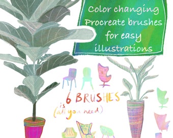 May include: Illustration of six Procreate brushes for easy illustrations. The brushes are shown as colourful plants and chairs. The text says "Color changing Procreate brushes for easy illustrations is 6 brushes (all you need)"