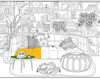 Interior boho adult coloring page cat printable instant download