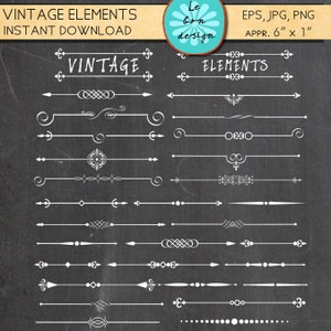 May include: A set of 20 vintage style white line dividers on a black chalkboard background. The dividers include arrows, swirls, dots, and other decorative elements. The text "Vintage Elements" is at the top of the image.