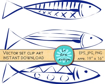 Clip art kitchen art sardines/ printable kitchen art fish blue, big size/ clip art for personal and commercial use/ instant download