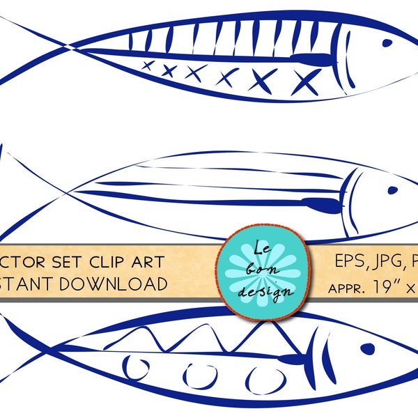 Clip art kitchen art sardines/ printable kitchen art fish blue, big size/ clip art for personal and commercial use/ instant download