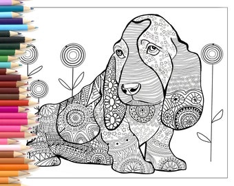 Dog zentangle coloring page, printable art hand made illustration, for children and adults