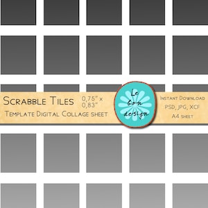 May include: A digital collage sheet template for creating Scrabble tiles. The template is designed for an A4 sheet and includes 36 squares, each measuring 0.75 inches by 0.83 inches.