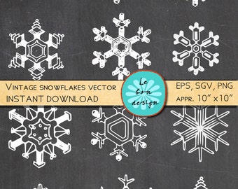 Vector vintage snowflakes christmas hand drawn clip art snow print scrapbook instant download