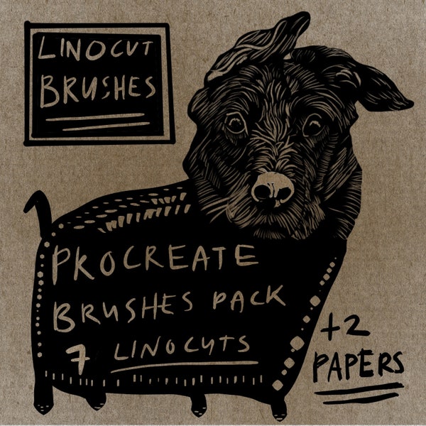 Pack de 7 pinceaux Procreate, gomme ou encre pour gravure sur bois, avec deux papiers linogravure supplémentaires pour l'application Procreate, iPad pro, crayon pomme