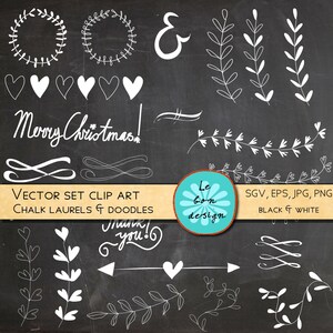 May include: A black and white vector clip art set with chalk laurels, doodles, hearts, and the text "Merry Christmas!" and "Thank you!" on a chalkboard background. Includes floral designs and an ampersand symbol.