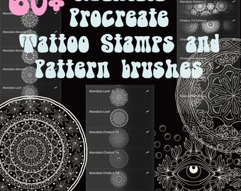 May include: Digital Procreate art supplies, showcasing over 60 mandala tattoo stamps and pattern brushes. The image presents diverse mandala designs, such as flower, mosaic, and leaf patterns, with the text "Mandala Procreate Tattoo Stamps and Pattern brushes."