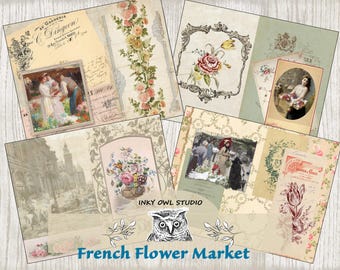 Junk Journal Digital kit, French Flower Market, Shabby Chic, Vintage images, floral, Parisian, Printable,