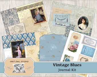 Junk Journal Digital Kit, Vintage Blues, Shabby Chic, Printable, Download, Scrapbook