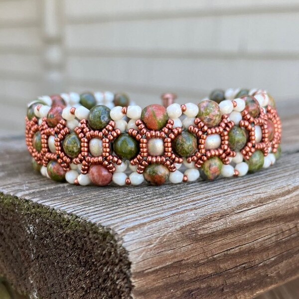 Mini Unakite Stone, Matte Gold Glass Pearl, and Cream Fire-Polished Glass Crystal Beadwoven Stone Cuff, Red Copper Seed Beads, Slide Clasp