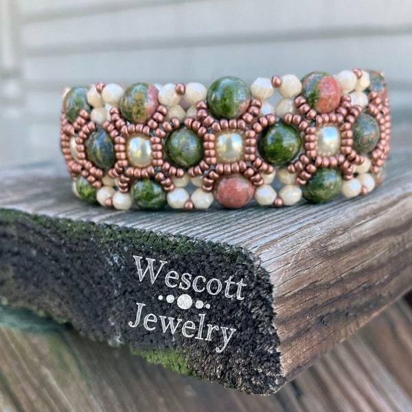 Unakite Stone, Glass Pearl, and Cream Fire-Polished Glass Crystal Beadwoven Stone Cuff with Matte Copper Seed Beads and Easy Slide Clasp