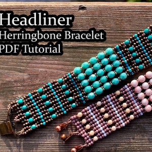 Beadweaving Pattern for Headliner Herringbone Bracelet Cuff - Tutorial Instructions to make Beaded Bracelet Adapted Herringbone, Seed Beads