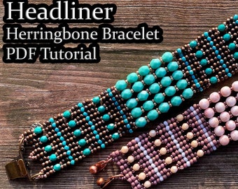 Beadweaving Pattern for Headliner Herringbone Bracelet Cuff - Tutorial Instructions to make Beaded Bracelet Adapted Herringbone, Seed Beads