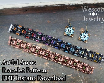 Beadweaving Pattern for Artful Arcos Bracelet and Earrings with Arcos Three Hole Beads and Seed Beads Includes Earrings Instructions