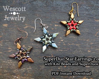 Beadweaving Pattern for SuperDuo Star Earrings 2.0 with Kite Beads, SuperDuos, and Seed Beads