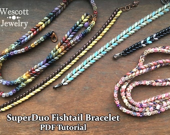 Beadweaving Pattern for SuperDuo Fishtail Bracelet - Single Strand SuperDuo Herringbone Tutorial for Thin Stackable Beaded Bracelets PDF