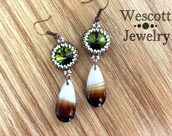 Olive Swarovski Crystal Rivoli Earrings with Bronze and White Seed Bead Bezel and German Glass White and Brown Swirled Glass Drop Earrings