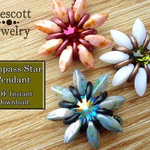 May include: Three beaded star pendants in different colors. The pendants are made with seed beads and feature a central crystal. The text "Compass Star Pendant" and "PDF Instant Download" is visible in the image.