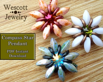 Beadweaving Pattern for Compass Star Pendant with Crescent Beads and Czech Twist Beads