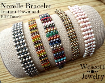 Beadweaving Pattern for Norelle Bracelet Cuff with Druks or Swarovski Pearls, Fire-Polished Crystal, and Seed Beads