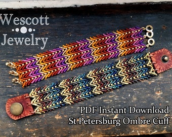 Beadweaving Pattern for St Petersburg Ombre Cuff Bracelet - Three Rows of Double St Petersburg Gradient Bracelet Beading Tutorial Seed Beads