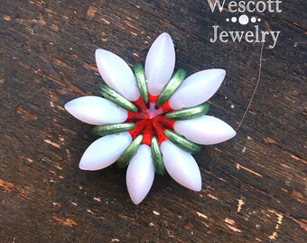 Christmas Compass Star Pendant with Snow White Winter Petals with Ruby Swarovski Rivoli Center and Green Frame with Seed Bead Back and Bail