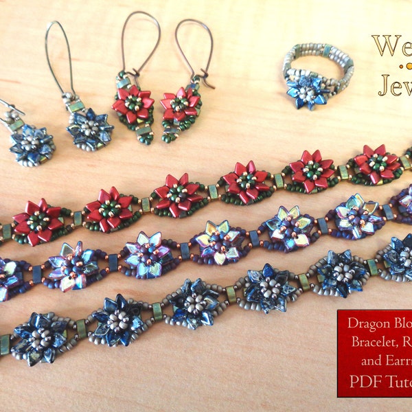 Beadweaving Pattern for Dragon Blossom Bracelet, Ring, and Earrings with Dragon Scale Beads & Half Tilas Tutorial for Flower Beaded Jewelry