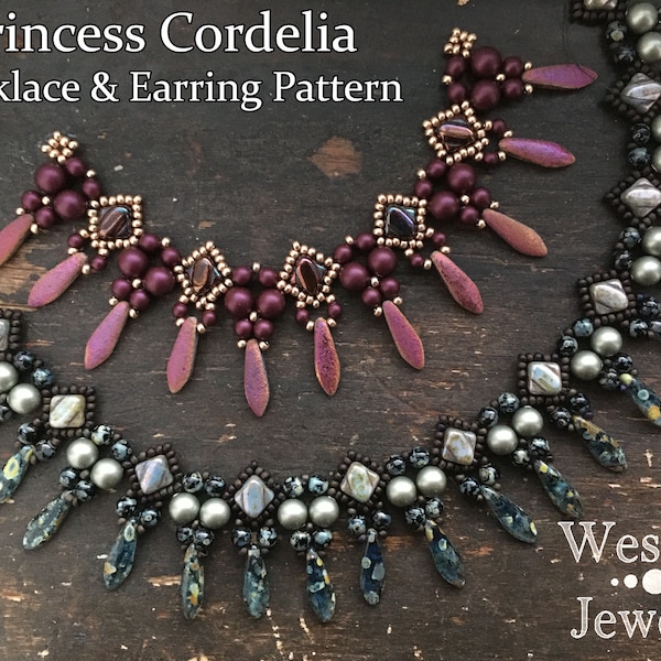 Modèle de tissage de perles pour l'ensemble collier et boucles d'oreilles Princesse Cordelia - Tutoriel pour collier de perles soyeuses et poignard avec boucles d'oreilles en perles PDF