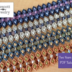 May include: Five beaded bracelets in various colours, including purple, silver, blue, gold, and copper. The bracelets are made with small, faceted beads and have a geometric pattern. The bracelets are arranged in a row, with the top bracelet being the largest and the bottom bracelet being the smallest. The text "Two Years Cuff PDF Tutorial" is visible in the lower right corner of the image.