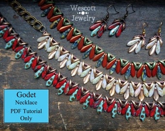 Beadweaving Pattern for Godet Necklace and Earrings with Crescent Beads, Daggers, and Two Hole Daggers