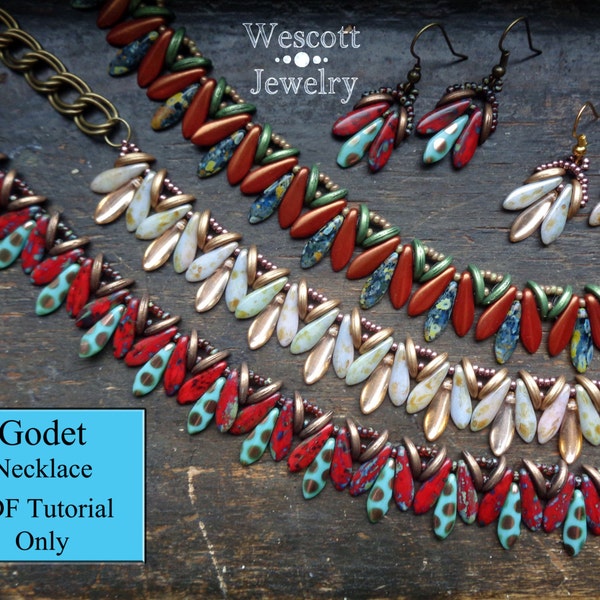 Beadweaving Pattern for Godet Necklace and Earrings with Crescent Beads, Daggers, and Two Hole Daggers