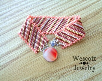 Peach and Gold Peyote Bracelet Wide Cuff with Stone Clasp, Handstitched with Seed Bead Edging and Rose Gold, Cream, Yellow Diagonal Stripes