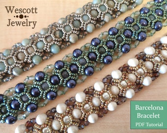 Beadweaving Pattern for Barcelona Bracelet with Pearls, Seed beads, and Fire-Polished Crystals