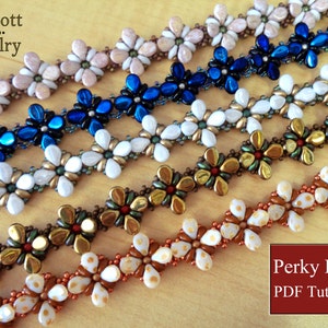 May include: Five beaded bracelets featuring different coloured beads and flower designs. The bracelets are arranged in a row from top to bottom. The top bracelet is pink, the second is blue, the third is white, the fourth is gold, and the fifth is brown. All bracelets are made with small seed beads and have a delicate, feminine look. The text "Perky Pips PDF Tutorial" is visible in the lower right corner of the image.