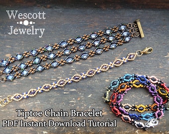 Beadweaving Pattern for Tiptoe Chain Bracelet with GemDuo or DiamonDuo Beads & Seed Beads Beading Pattern DIY Bracelet Tutorial PDF Download