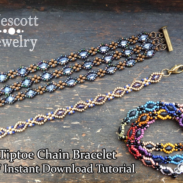 Beadweaving Pattern for Tiptoe Chain Bracelet with GemDuo or DiamonDuo Beads & Seed Beads Beading Pattern DIY Bracelet Tutorial PDF Download