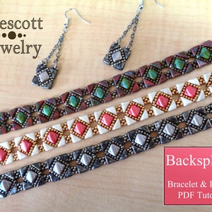 May include: Three beaded bracelets in different colour combinations, with a matching pair of earrings. The bracelets feature a geometric pattern with silver, gold, white, red, and green beads. The earrings are silver with a white and red bead design. The image includes the text "Backsplash Bracelet & Earring PDF Tutorial".