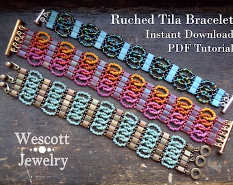 Beadweaving Pattern for Ruched Tila Bracelet Cuff with Two Hole Miyuki Tila Beads or Miyuki Half-Tila Beads or Czechmate Tiles and Seed Bead