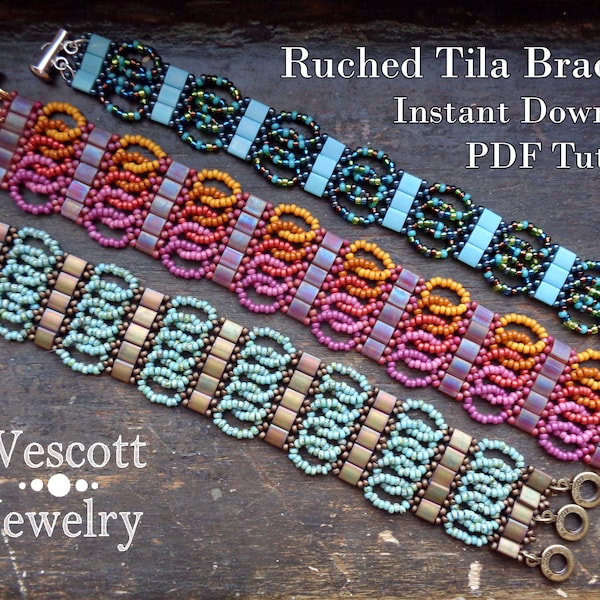 Beadweaving Pattern for Ruched Tila Bracelet Cuff with Two Hole Miyuki Tila Beads or Miyuki Half-Tila Beads or Czechmate Tiles and Seed Bead