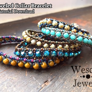 Beadweaving Pattern for Bejeweled Collar Bracelet - Easy Right Angle Weave RAW Bracelet Tutorial with Crystal, Round, or Pearl Embellishment