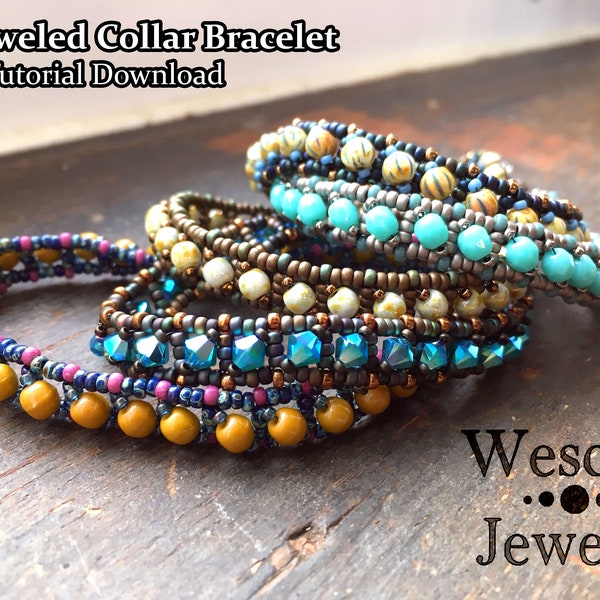 Beadweaving Pattern for Bejeweled Collar Bracelet - Easy Right Angle Weave RAW Bracelet Tutorial with Crystal, Round, or Pearl Embellishment