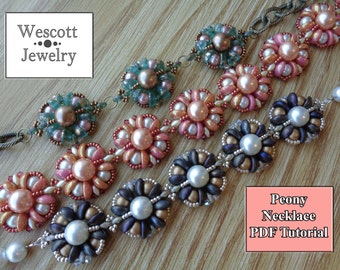 Beadweaving Pattern for Peony Necklace with Piggy Beads and SuperDuos Flower Necklace Tutorial Floral Pattern with Pearls